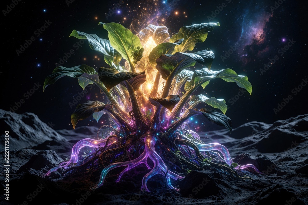 Fototapeta premium Futuristic cosmic plant grows on dark moon surface. Glowing neon roots, leaves shine with bright energy in deep space. Alien botanical life evolves with vibrant light colors near nebula stars. Sci-fi
