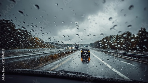 Rainy Highway Journey Through Windshield in Dark Weather