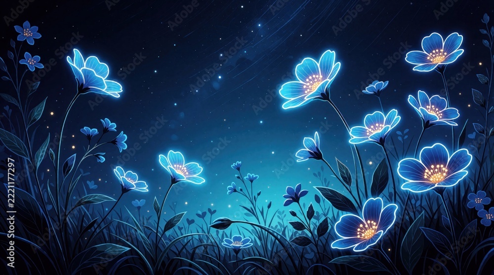 Fototapeta premium Glowing blue flowers bloom in mystical dark forest at night. Ethereal neon flora shines under starry sky in fantasy landscape. Dreamlike botanical background with luminous petals, soft light creates