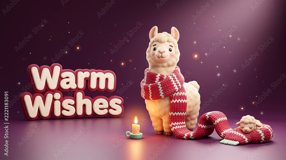 Fototapeta premium Cute llama and lamb wearing a red knitted scarf with warm wishes text