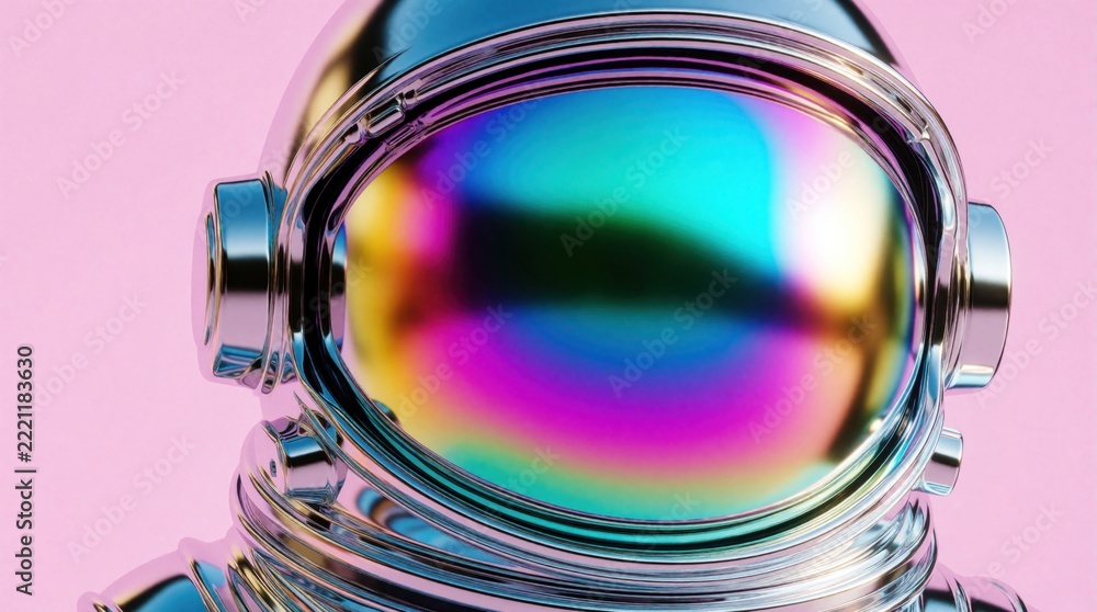 Fototapeta premium Futuristic chrome astronaut helmet with rainbow iridescent visor. Colorful cosmic headgear glows with neon pink purple, blue light. Modern 3D render of space exploration gear on bright pink