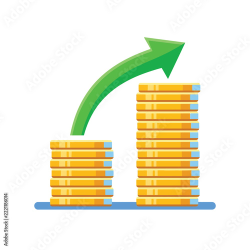 Financial Growth Concept with Stacks of Gold Coins and Green Upward Arrow Representing Profit, ROI, and Investment Success