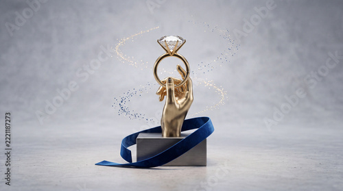 Golden hand holding a luxurious diamond ring on pedestal with blue ribbon and sparkling light effects