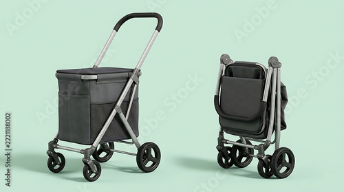 Gray shopping trolley and its folded compact version side-by-side on a light green background, groceries and errands
