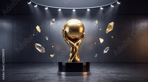Exquisite Golden Trophy Award Held Aloft with Floating Gemstones on a Pedestal in a Spotlighted Modern Gallery Showcase