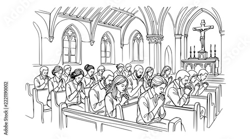 Congregation Praying in Church Pew, Religious Service, Worship Gathering