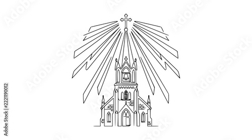 Church building with radiating cross and light beams, isolated