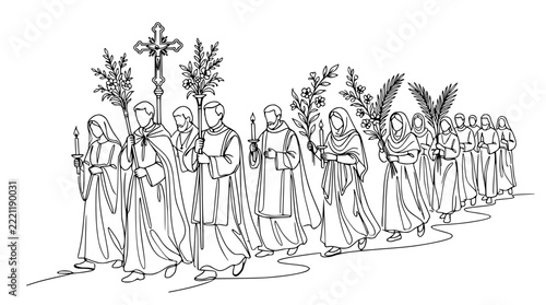 Religious Procession: Clergy and Faithful Carrying Cross, Candles and Palms