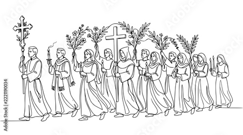 Religious Procession Line Art: Clergy and Faithful with Cross and Candles