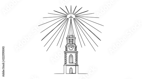 Church Steeple Clock Tower Sunburst Rays Line Art Isolated