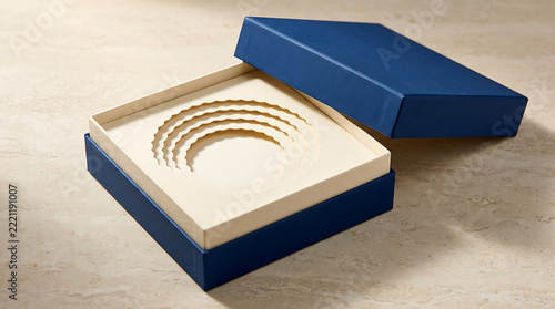 Open square gift box with a deep blue exterior and a cream interior featuring a scalloped, embossed pattern for presentation