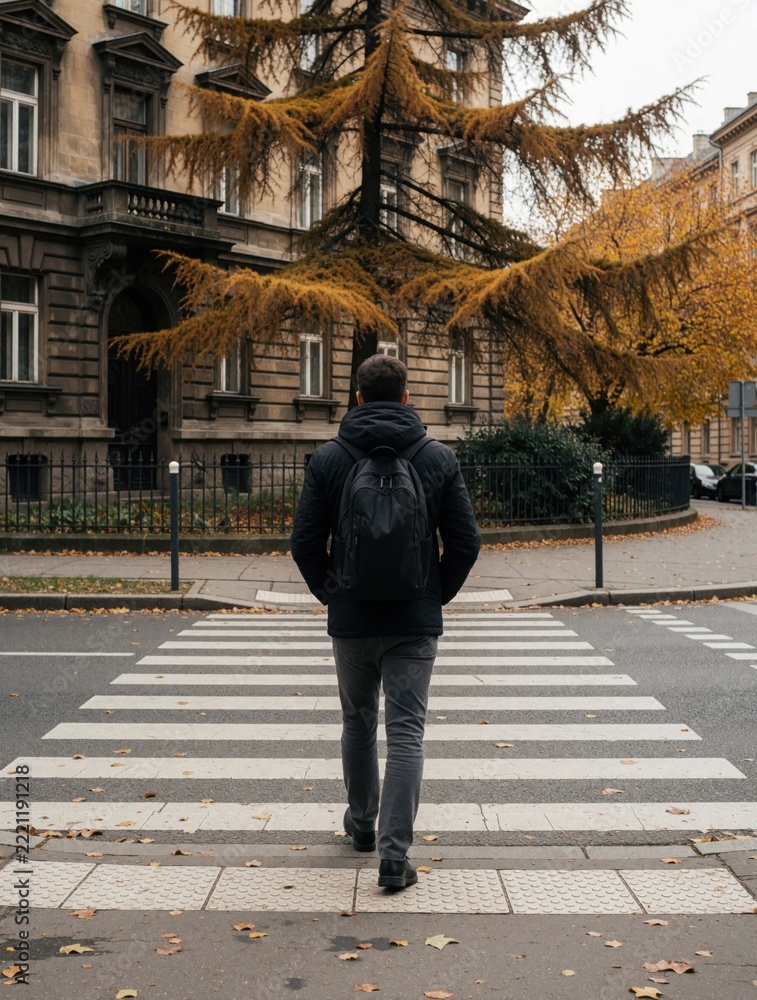 Fototapeta premium Man with backpack walks on zebra crossing in city. Male pedestrian crosses street near old architecture during autumn season. Urban street life with fallen yellow leaves on road. Person wearing