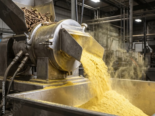 Industrial milling machine grinding licorice root into powder in