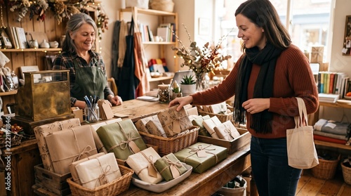 Smiling female small business owner assisting a happy customer in her rustic store, showcasing beautifully wrapped gifts and handmade items on a wooden counter during the holiday season