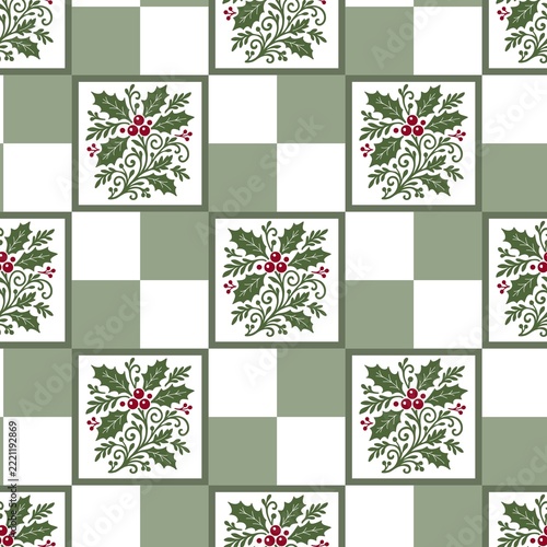 Vintage Christmas Holly Botanical Checkerboard Seamless Pattern