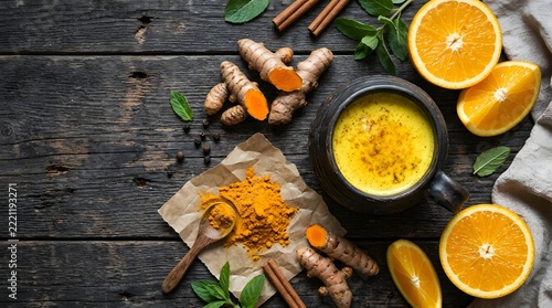 Turmeric Golden Milk Latte with Fresh Orange Slices and Cinnamon Sticks Placed on Dark Rustic Wooden Table