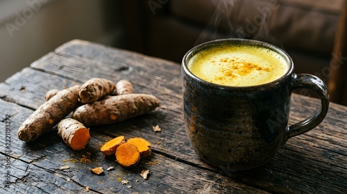 Steaming Warm Golden Turmeric Milk in a Mug Beside Fresh Sliced Turmeric Roots on a Wooden Table