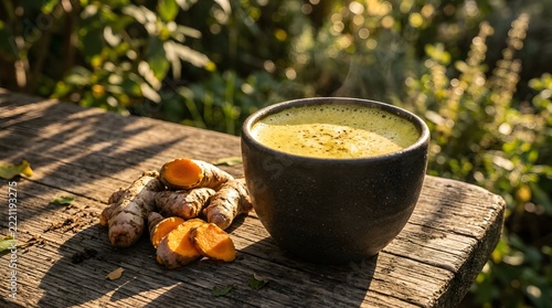 Golden Turmeric Milk Steaming in Ceramic Cup with Fresh Turmeric Root on Rustic Wooden Table Outdoors