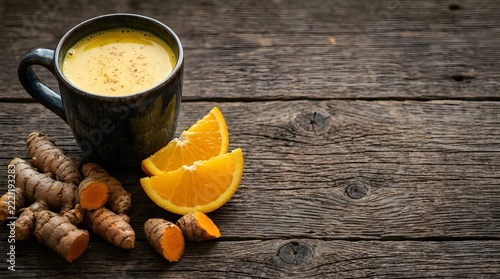 Turmeric Golden Milk in a Black Mug Served with Fresh Turmeric Roots and Orange Slices on a Rustic Wooden Table Surface
