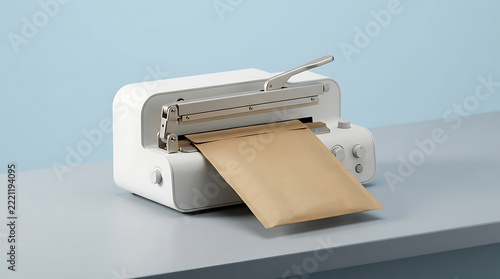 White heat sealer machine with a kraft paper bag being sealed on a light gray surface with a light blue background, packaging equipment, sealing machine, bag sealer, heat seal, kraft paper bag