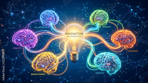 Innovation concept showing interconnected brains exchanging ideas around a central lightbulb representing collaborative intelligence