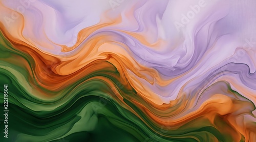 Abstract flowing waves in green, orange, and lavender tones create a smooth artistic composition with fluid motion