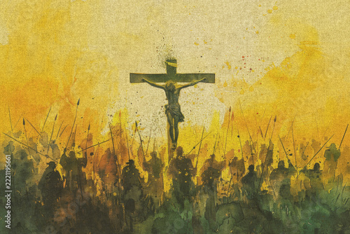 Abstract Painting of Christ and Cross on Natural Linen Fabric Texture, Artistic religious Background