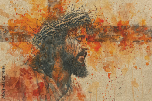 Abstract Painting of Christ and Cross on Natural Linen Fabric Texture, Artistic religious Background