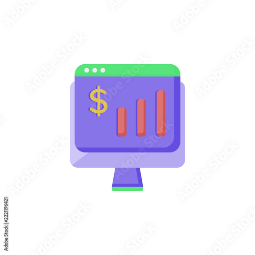 Flat vector computer monitor with dollar sign and bar chart representing financial growth, business analytics, and performance tracking.