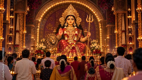 Devotees praying before goddess durga idol inside grand pandal temple decoration during navratri festival celebration vector illustration artwork