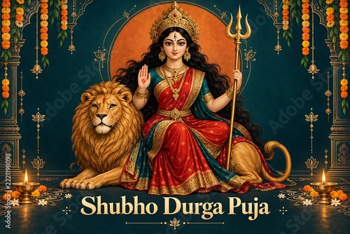 Goddess durga sitting gracefully with lion holds trident in hand during happy shubho durga puja festival with illuminated diya oil lamps and garland decoration