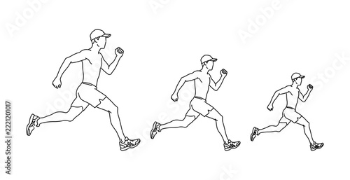 Three runners in mid stride motion sequence on plain background