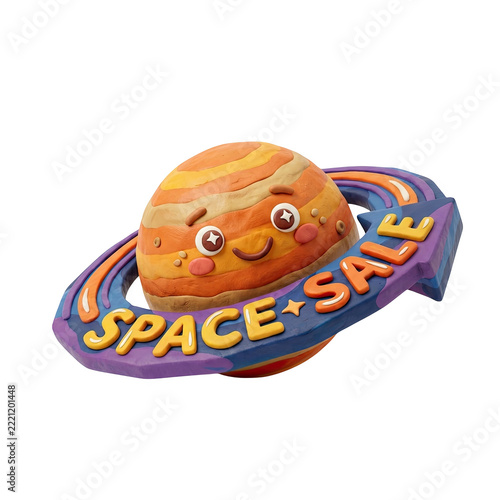 3D Planet Sale Tag with Cute Face and Ring Isolated on White Background for Retail Promotion