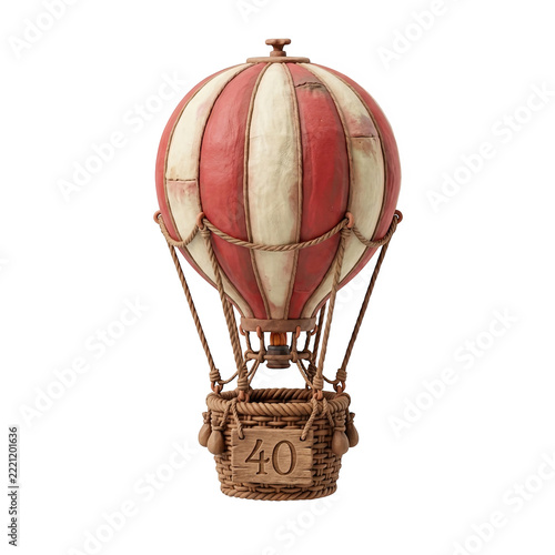 3D Hot Air Balloon Ornament with Number 40 Wicker Basket Isolated on White Background for Birthday Celebration
