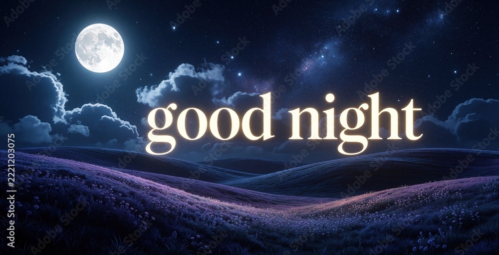 Fototapeta premium Luminous full moon shines over dark rolling hills at night. Glowing text says good night in starry sky with clouds, galaxy. Serene landscape scenery with purple flowers under midnight blue twilight