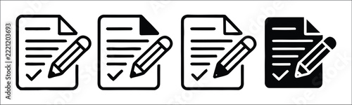 Document edit icons with pen and checkmark symbol, four design styles, digital editing, approved paperwork, content revision, vector illustration