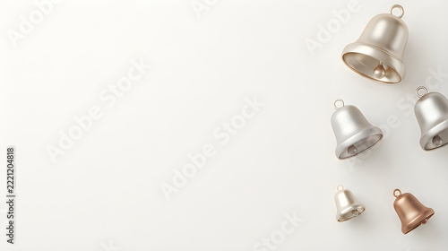 Five metallic bells hanging in air  christmas and happy new year background 