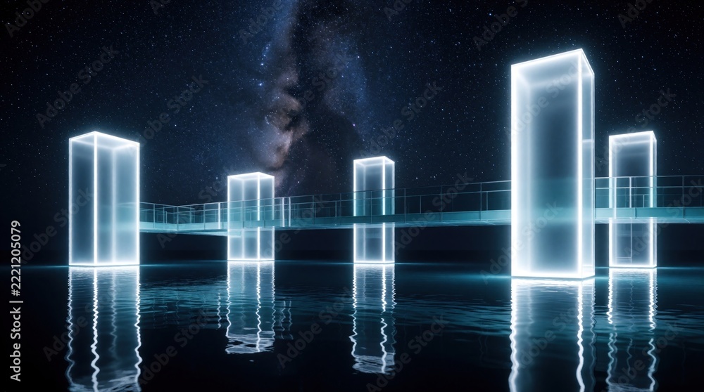 Fototapeta premium Futuristic neon pillars, bridge stand over dark calm water at night. Glowing blue light structures reflect in ocean surface under starry milky way sky. Abstract digital landscape with geometric