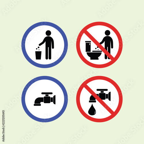 Minimalist graphic illustration of a sign set featuring trash bin, toilet prohibition, water tap, and water saving icons. Ideal design element for bathroom and app UI.