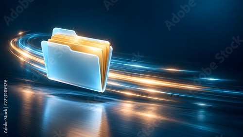 Glowing digital folder moving with high speed light trails representing secure cloud storage and fast file migration