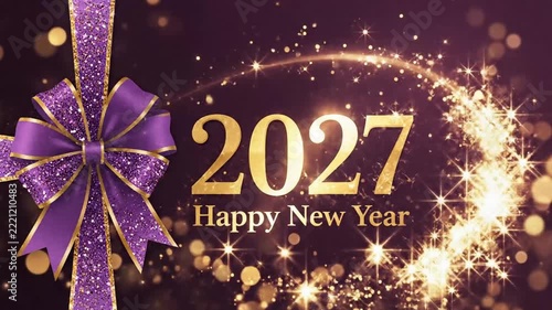 Neujahr 2027– goldene glitzernde Grußkarte mit lila Schleife, funkelnden Partikeln und Bokeh auf dunkelviolettem Hintergrund