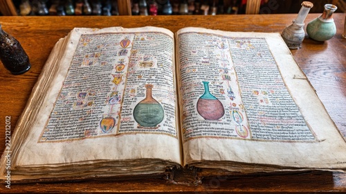 distillation. Medieval manuscript on wooden desk with detailed ink illustrations of distillation equipment. event programs, museum guides, designed for cultural heritage projects and event programs.