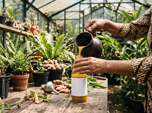 Woman pouring turmeric jamu from clay jug into bottle in greenhouse