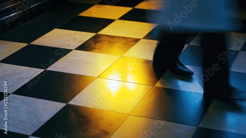 footsteps. Black and white checkerboard floor reflecting light and a passing waiter's motion. menu design, packaging mockups, designed for culinary blogs and recipe cards for restaurants.