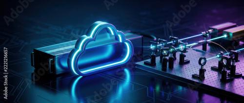 Neon cloud data storage glows beside circuit board in dark digital environment