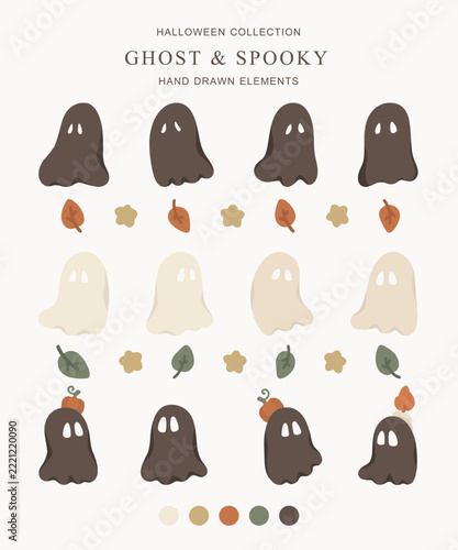 Cute Halloween elements featuring friendly ghosts with pumpkins and candles, complemented by leaves and tiny stars in earthy tones for stickers, invitations, greeting cards, and seasonal designs.