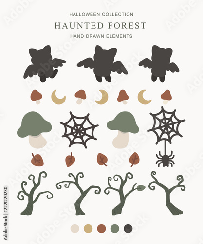 Minimal haunted forest elements featuring bare trees, twisted branches, mushrooms, flying bats, spider webs, crescent moons, and dry leaves for spooky backgrounds and Halloween illustrations.