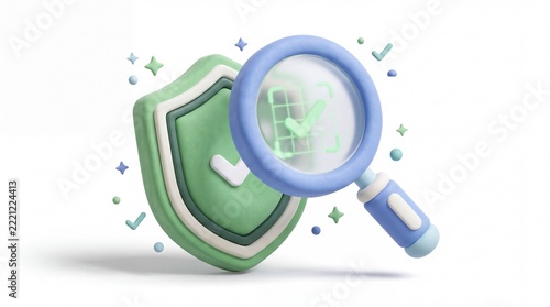 Cute 3D cybersecurity shield with checkmark and magnifying glass audit isolated on white