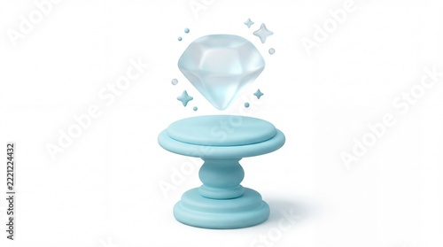 Cute 3D sparkling diamond gemstone sitting on a mint green pedestal isolated on white background