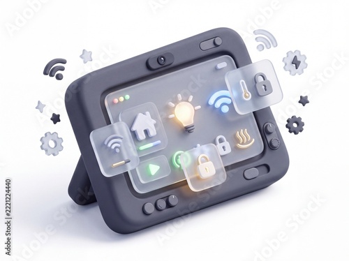 Cute 3D smart home control panel tablet interface with glowing icons isolated on white background